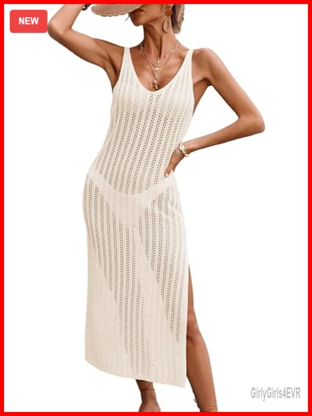 Crochet Mesh Knit Swim Cover Up Dress Midi Side Slits